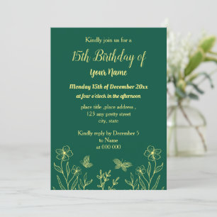 Simple gold flower emerald green birthday  invitation