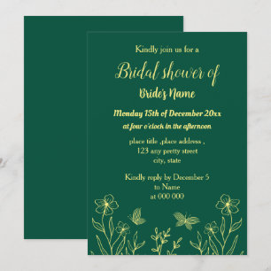 Simple gold flower emerald green bridal shower invitation