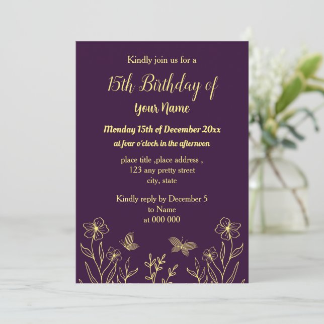 Simple gold flower purple birthday invitation (Standing Front)