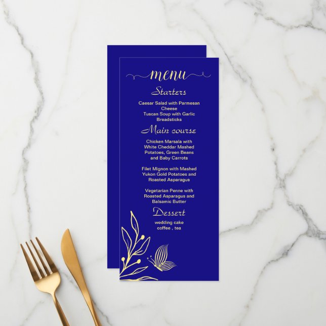 Simple gold flower royal blue wedding menu (Front/Back In Situ)