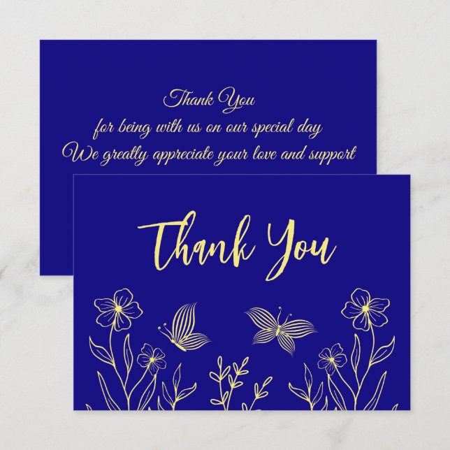 Simple gold flower royal blue wedding thank you card (Front/Back)