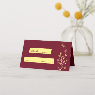 Simple gold flowers burgundy wedding place card