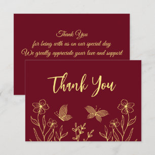 Simple gold flowers burgundy wedding thank you card