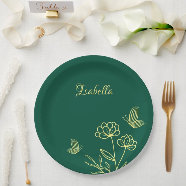 Simple gold flowers emerald green paper plate (Wedding)