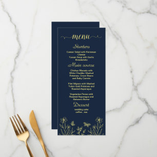 Simple gold flowers navy wedding menu