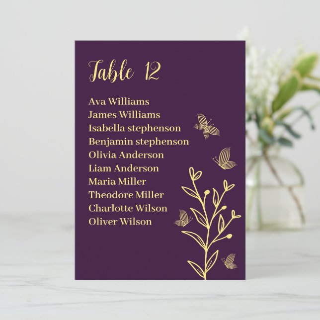 Simple gold flowers purple seating chart card (Standing Front)