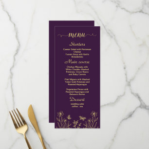 Simple gold flowers purple wedding menu