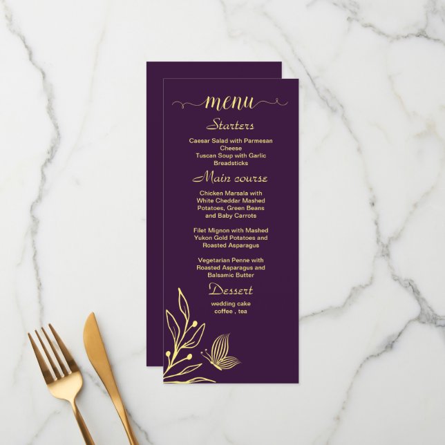 Simple gold flowers purple wedding menu (Front/Back In Situ)