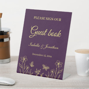 Simple gold flowers purple wedding pedestal sign