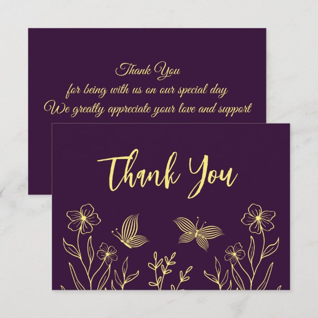 Simple gold flowers purple wedding thank you card (Front/Back)