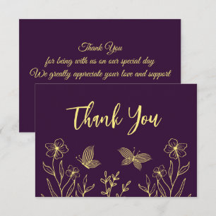 Simple gold flowers purple wedding thank you card