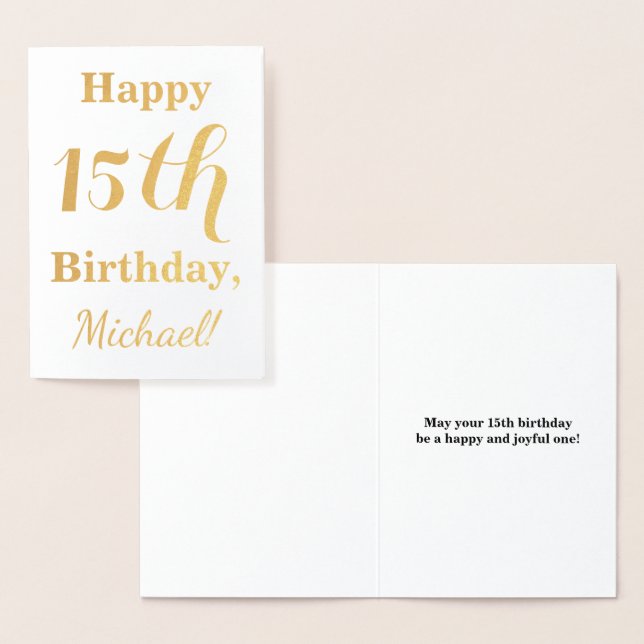 Simple Gold Foil 15th Birthday + Custom Name Foil Card (Display)