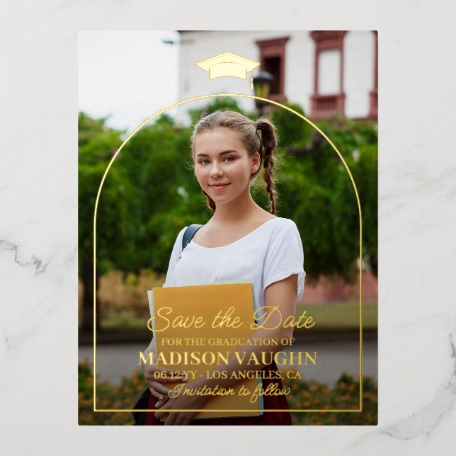 Simple Gold Foil Arch Graduation Save the Date Invitation Postcard (Front)