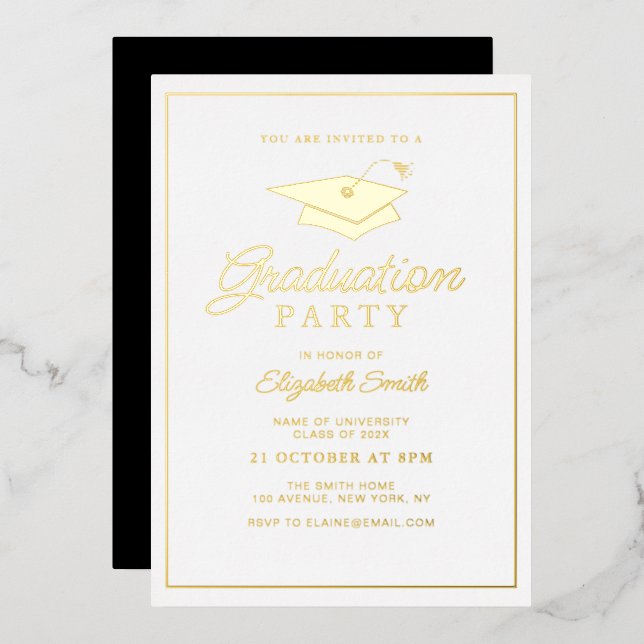 simple gold foil frame graduation party invitation (Front/Back)