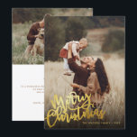Simple Gold Foil Script Merry Christmas 2 Photo Holiday Card<br><div class="desc">Create your own Simple Gold Foil Script Merry Christmas 2 Photo Holiday Card. This Christmas photo card features "Merry Christmas" in stylish faux gold foil script typography placed against a black to transparent gradient. Customize this 2 photo design (one on the front and one on the back) with your family...</div>