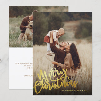 Simple Gold Foil Script Merry Christmas 2 Photo Holiday Card