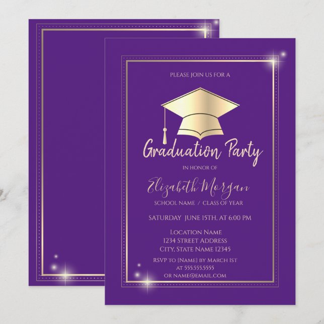  Simple Gold Frame Grad Cap Violet Graduation   Invitation (Front/Back)