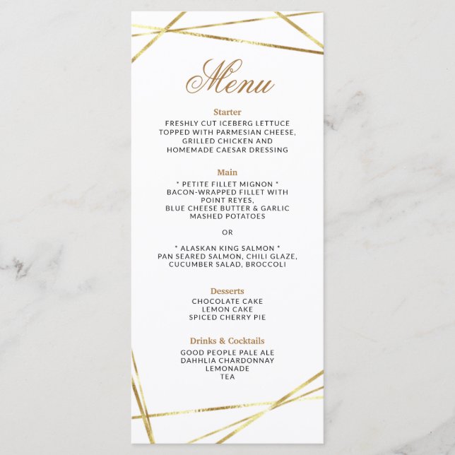 Simple Gold Geometric Wedding Menu Card (Front)