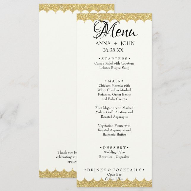 Simple Gold Glitter Add Name Date Wedding Dinner   Menu (Front/Back)