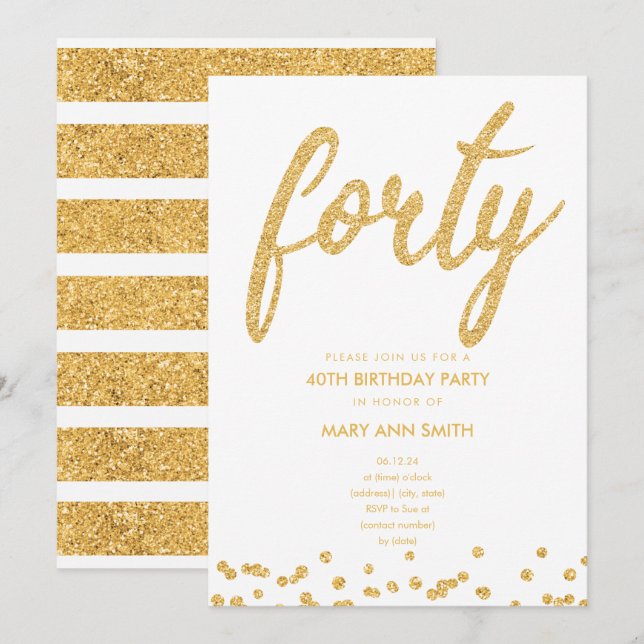 Simple Gold Glitter Type 40th Birthday Party Invitation (Front/Back)
