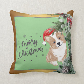Simple Gold Green Corgi Christmas Throw Pillow