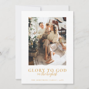 Simple Gold & Greenery Religious Christmas Photo Holiday Card
