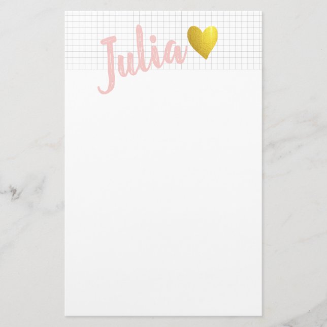 Simple Gold Heart Grid Lines Pink Personalized Stationery (Front)