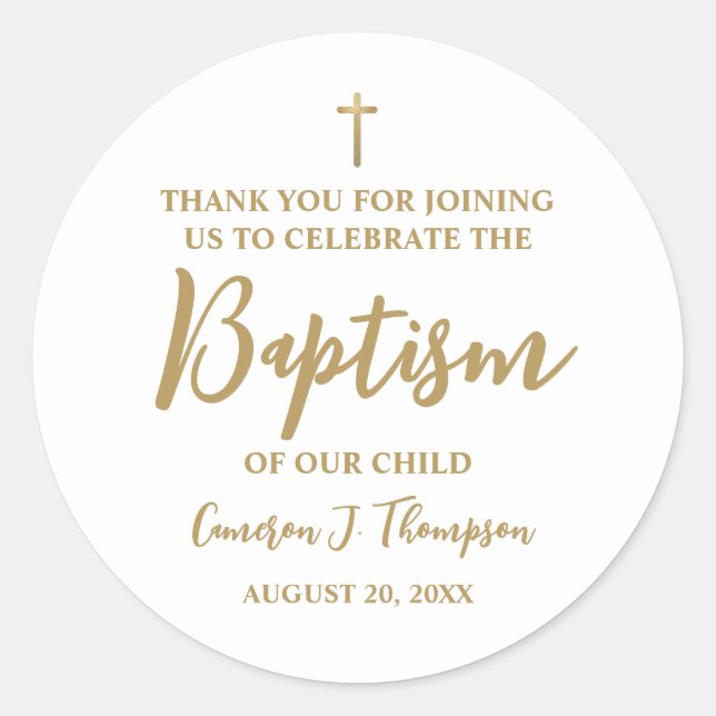 Simple Gold Hue Baby baptism thank you Classic Classic Round Sticker (Front)