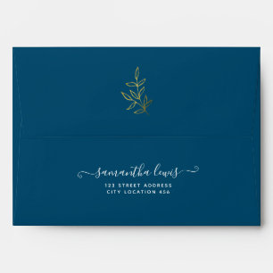 Simple Gold Leaves Ocean Blue Wedding Envelope