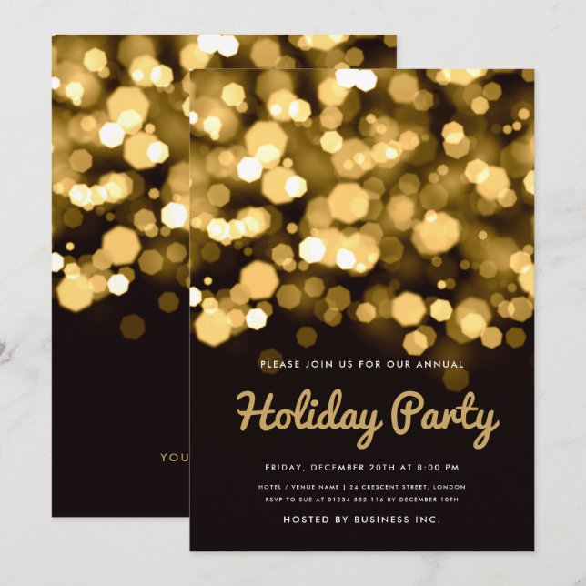 Simple Gold Lights Corporate Holiday Party Invitation (Front/Back)