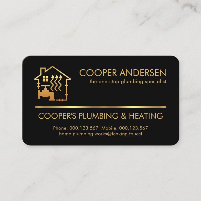 Simple Gold Line Plumbing Heating Business Card (Front)