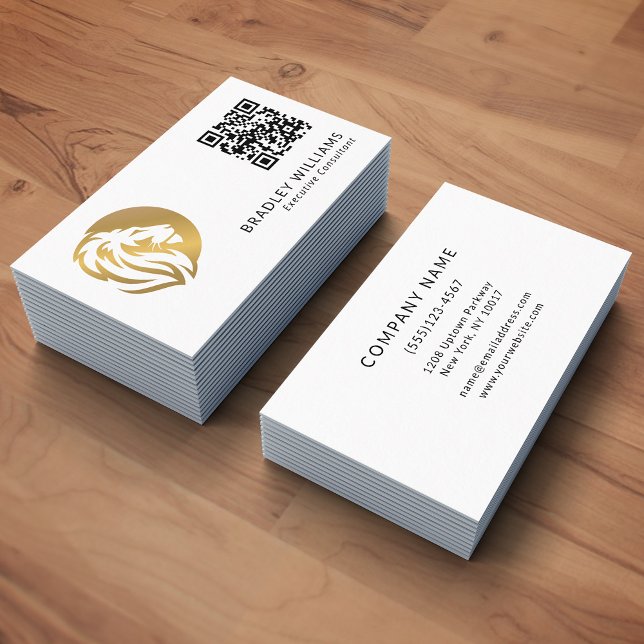 Simple Gold Lion Logo with QR Code Business Card (Creator Uploaded)