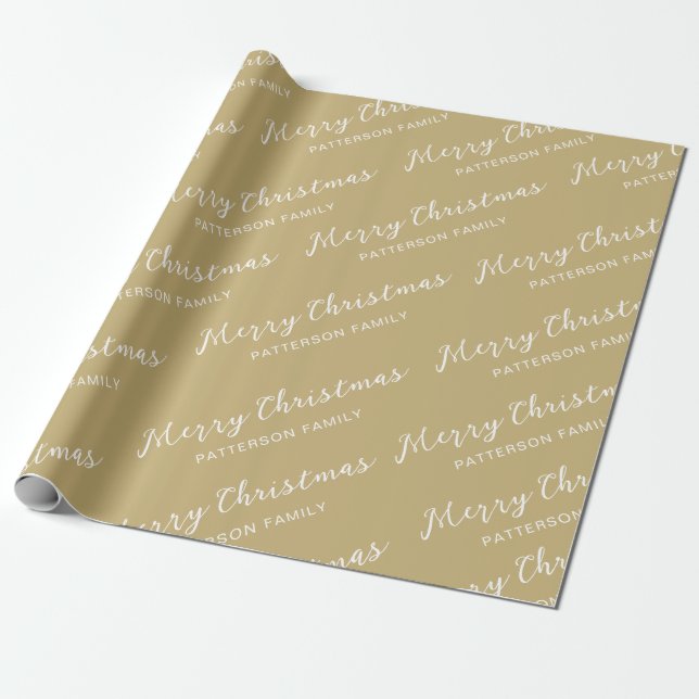 Simple Gold Merry Christmas Family Name Wrapping Paper (Unrolled)