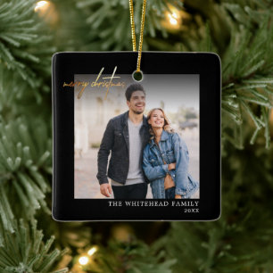 Simple Gold Merry Christmas Photo Black  Ceramic Ornament