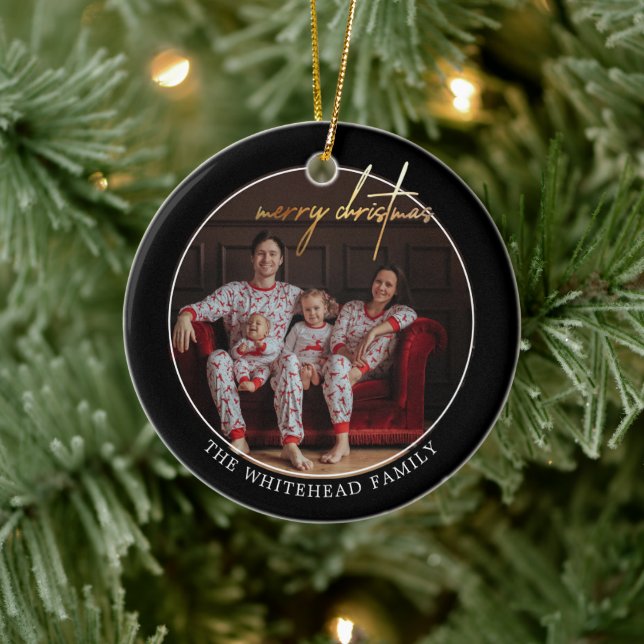 Simple Gold Merry Christmas Photo Black Ceramic Ornament (Tree)
