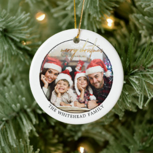 Simple Gold Merry Christmas Photo White Ceramic Ornament