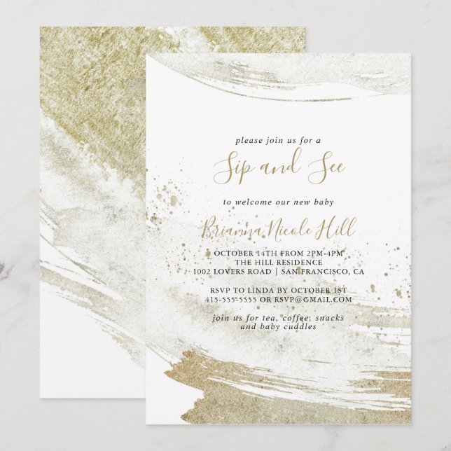 Simple Gold Minimalist Sip and See Invitation (Front/Back)