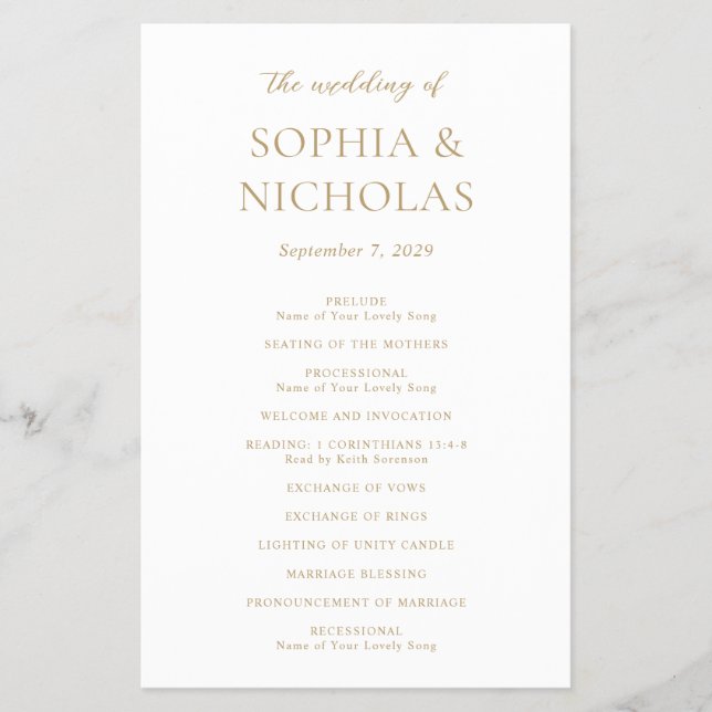 Simple Gold Modern Budget Wedding Program (Front)