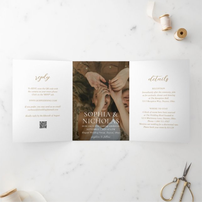 Simple Gold Modern Photo Wedding Tri-Fold Invitation (Inside)