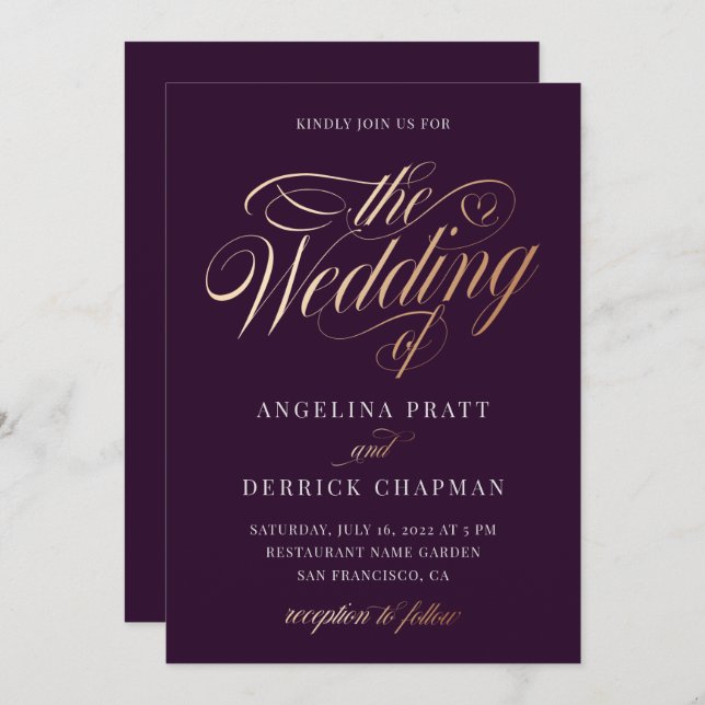Simple Gold Modern Purple Calligraphy Wedding Invitation (Front/Back)