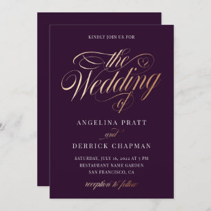 Simple Gold Modern Purple Calligraphy Wedding Invitation