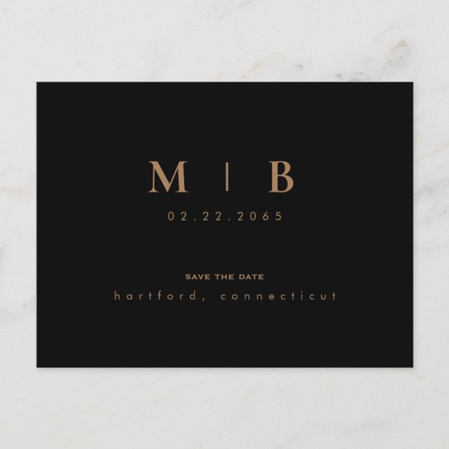 Simple Gold Monogram Black Save the Date Announcement Postcard (Front)