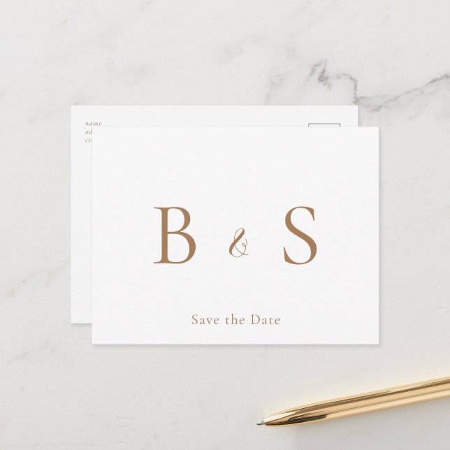 Simple Gold Monogram Foliage Wedding Save the Date Announcement Postcard (Front/Back In Situ)