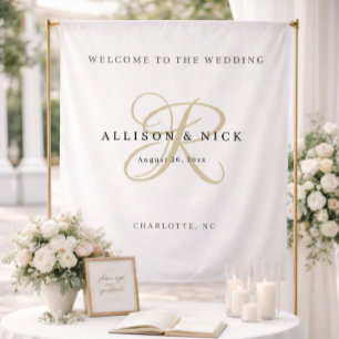 Simple Gold Monogram Wedding Welcome Sign Tapestry
