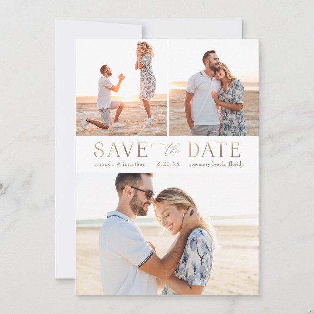 Simple Gold Multiple Photo Save the Date Invitation (Front)