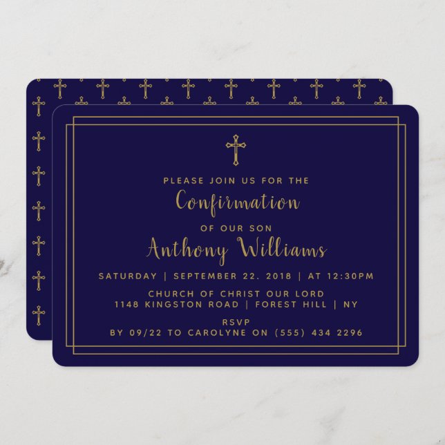 Simple Gold & Navy Blue Holy Cross Confirmation Invitation (Front/Back)
