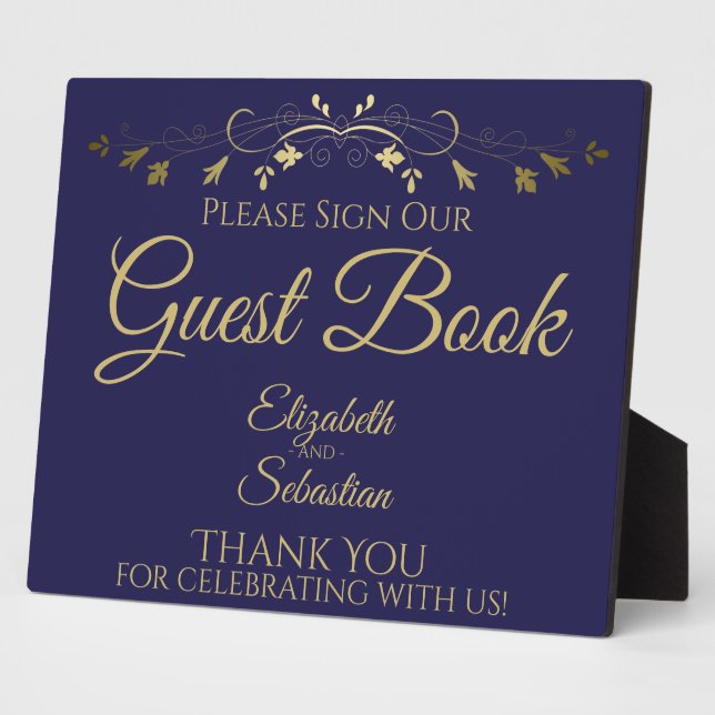 Simple Gold Navy Blue Please Sign Guest Book Sign Plaque (Side)