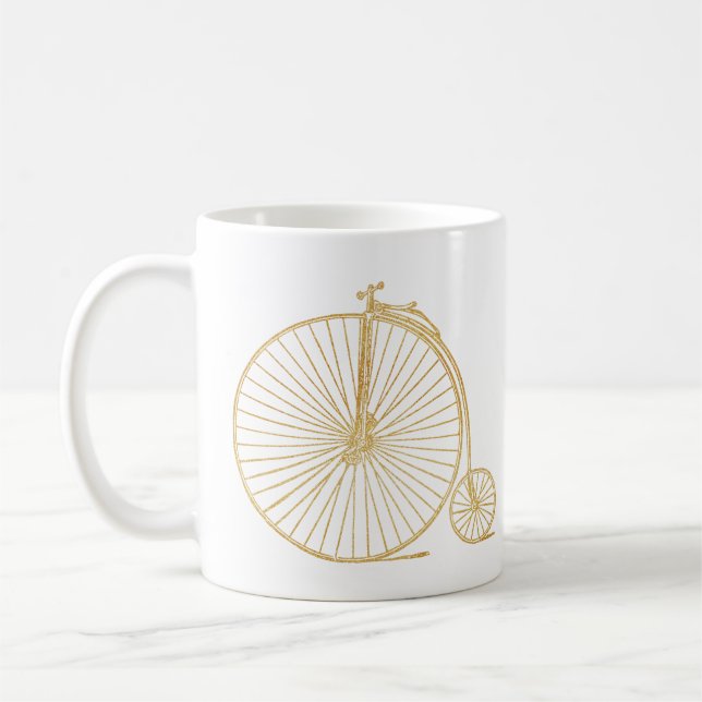Simple Gold Old Fashioned Unicycle Line Drawing Coffee Mug (Left)