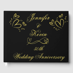 Simple Gold on Black 50th Wedding Anniversary   Guest Book