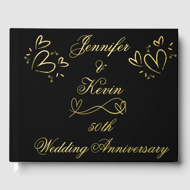 Simple Gold on Black 50th Wedding Anniversary | Guest Book (Front)
